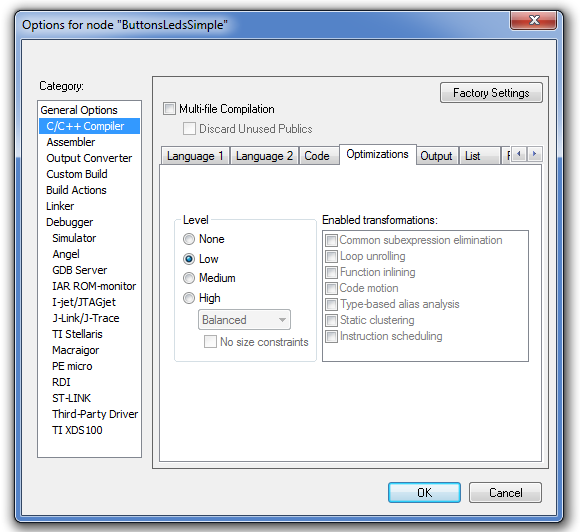 Configuring optimization level in IAR 